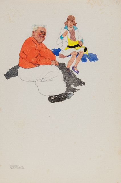 Herman Moerkerk | On the beach of Zandvoort, pencil and watercolour on paper, 25.5 x 17.1 cm, signed l.l.