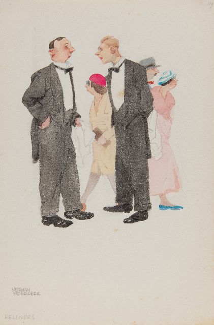 Herman Moerkerk | Waiters, pencil and watercolour on paper, 25.5 x 16.9 cm, signed l.l.