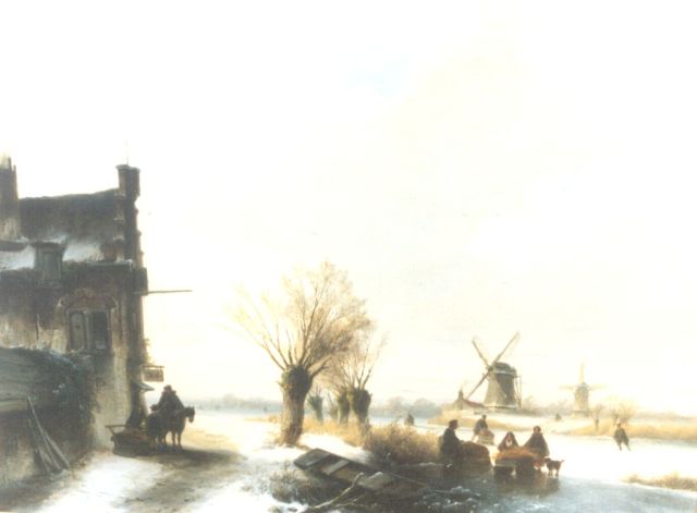 John Franciscus Hoppenbrouwers | A winter landscape with skaters on the ice, oil on panel, 51.3 x 68.3 cm, signed l.l.