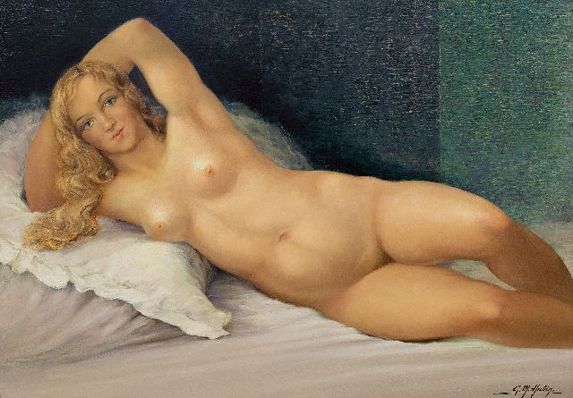 Hubin G.M.  | Reclining nude, oil on canvas 74.0 x 102.2 cm, signed l.r.