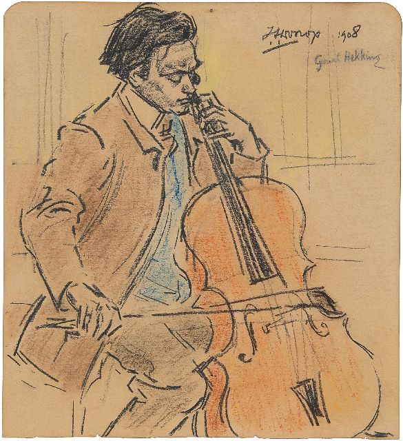 Jan Toorop | Gerard Hekking, playing cello, black and coloured chalk on paper, 21.6 x 19.7 cm, signed u.r. and dated 1908