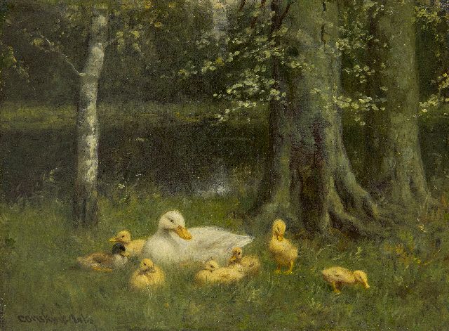 Constant Artz | Duck family at a forest pond, oil on canvas, 18.6 x 24.3 cm, signed l.l.
