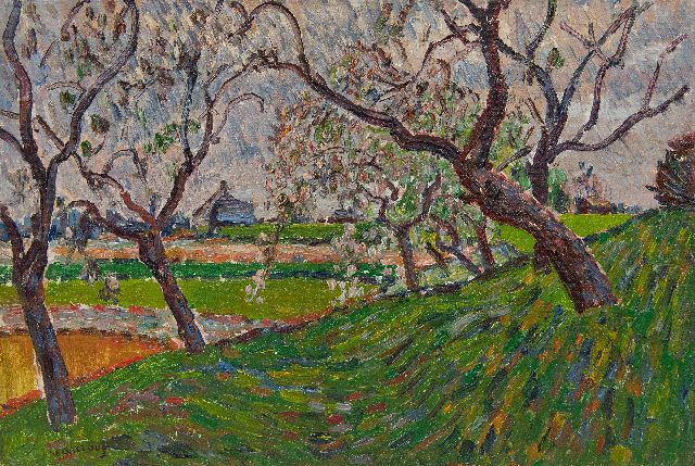 Anrooy J.A.M. van | Landscape with blossom trees, oil on canvas 24.7 x 36.0 cm, signed l.l.