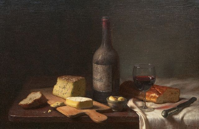Jan Eversen | Stillife with wine, cheese and bread, oil on canvas, 40.9 x 61.4 cm, signed l.r. and dated 1978