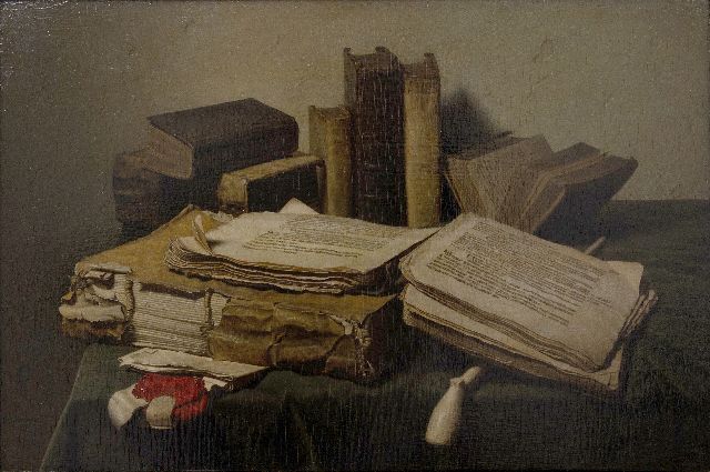 Jan Eversen | Still life with books and a clay pipe, oil on panel, 40.2 x 60.0 cm, signed l.l. and dated 3-44