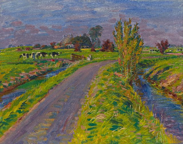 Johan Dijkstra | Polder landscape with farm and cows; verso: Farm on a countryroad, oil on canvas, 52.4 x 66.0 cm, painted ca. 1930