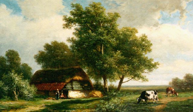Alexander Joseph Daiwaille | A summer landscape with cattle grazing, oil on panel, 28.8 x 40.3 cm, signed l.l.