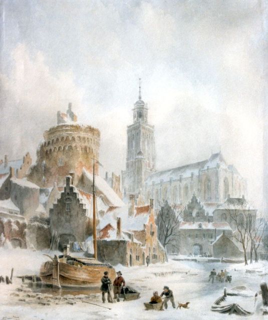 Bart van Hove | A view of the city gate and church of Deventer, watercolour on paper, 47.0 x 40.0 cm, signed l.l. and dated 1845