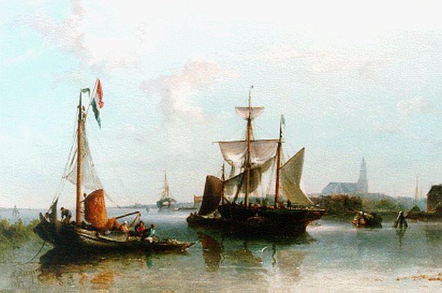 Nicolaas Riegen | Shipping in an estuary, oil on canvas, 31.3 x 48.0 cm, signed l.l. and dated 1887