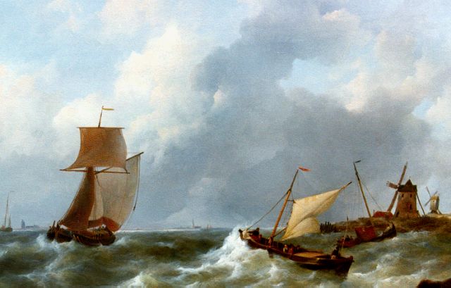 Johannes Christianus Schotel | Shipping on stormy waters, oil on panel, 65.2 x 84.2 cm, signed l.r.