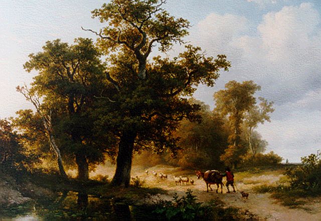 Verboeckhoven E.J.  | A shepherd with flock in a wooded landscape, oil on panel 26.4 x 34.8 cm