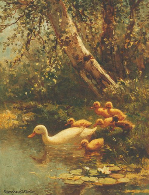 Constant Artz | A hen and ducklings watering, oil on panel, 24.1 x 18.0 cm, signed l.l.