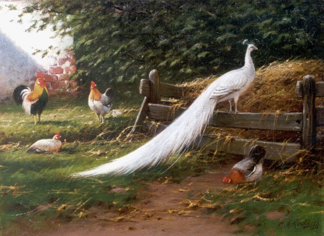 Marinus Adrianus Koekkoek II | A peacock and chickens on a yard, oil on canvas, 28.4 x 38.4 cm, signed l.r. and dated 1912