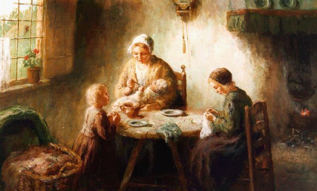 Cor Bouter | Feeding the baby, oil on canvas, 51.0 x 71.2 cm, signed l.r.