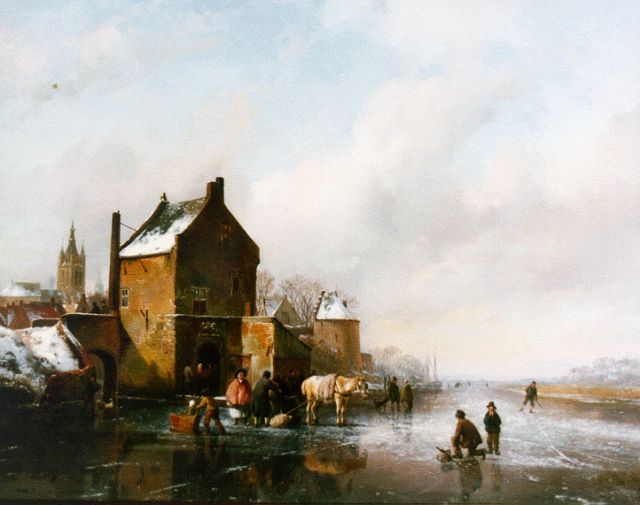 Hendrikus van de Sande Bakhuyzen | A frozen waterway, Delft in the distance, oil on panel, 43.7 x 56.8 cm, signed l.l. and dated 1836