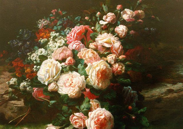 Jean-Baptiste Robie | Bouquet of roses, oil on panel, 55.4 x 67.3 cm, signed l.r.