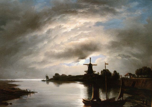 Louis Meijer | A moonlit river landscape, oil on panel, 23.5 x 30.0 cm, signed l.l.