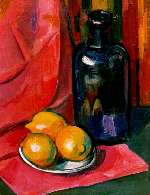 Wiegman M.J.M.  | A still life with a bottle and three lemons, oil on canvas 40.0 x 30.0 cm, signed l.r.