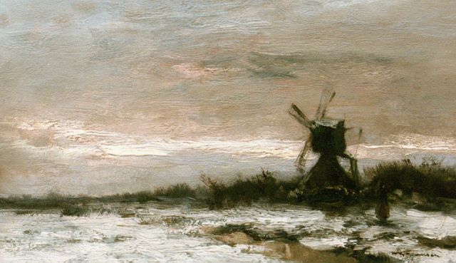 Willem George Frederik Jansen | A windmill in a snow-covered polder landscape, oil on painter's board, 20.6 x 34.5 cm, signed l.r.