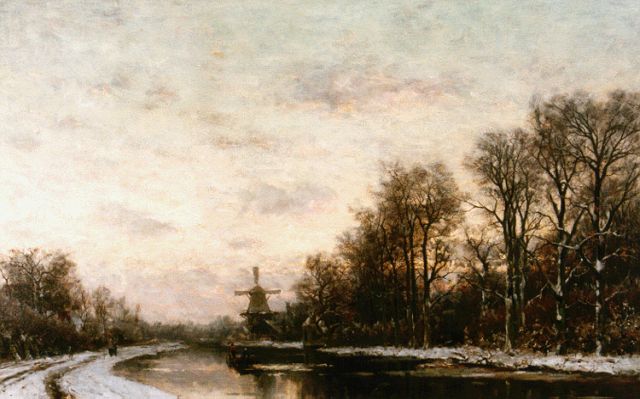 Rossum du Chattel F.J. van | A snow-covered landscape, a windmill in the distance, oil on canvas 77.2 x 112.4 cm, signed l.l.