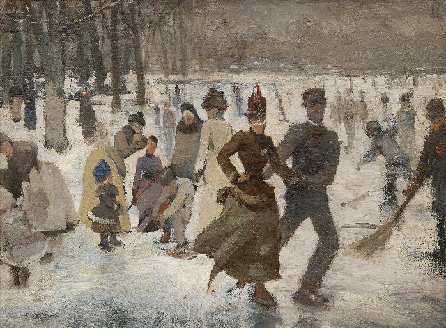 Johan Antoni de Jonge | Ice skating on a forest pond, oil on canvas laid down on panel, 31.0 x 41.6 cm