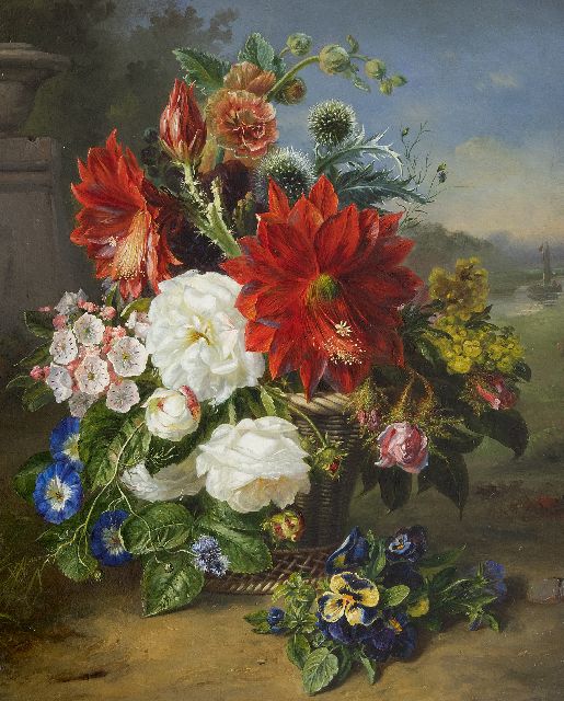 Hélène Hamburger | Flowers in a reed basket, oil on panel, 52.0 x 43.5 cm