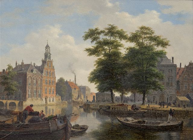 Hove B.J. van | A view of a town with townsfolk and shipping on a canal (pendant of A quay and town gate in winter), oil on panel 28.4 x 39.0 cm, signed l.l.