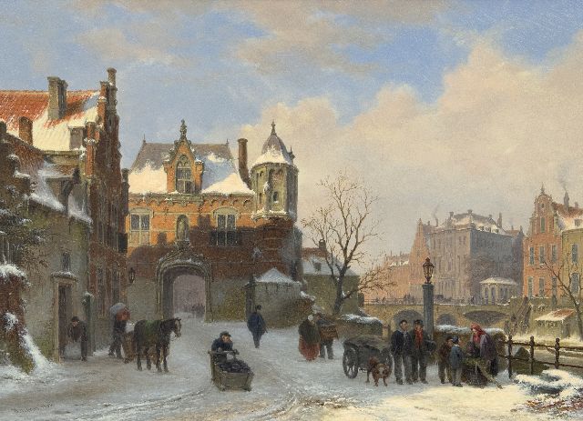 Hove B.J. van | A quay and town gate in winter (pendant from A view of a town with townsfolk and shipping on a canal), oil on panel 28.6 x 39.2 cm, signed l.l.