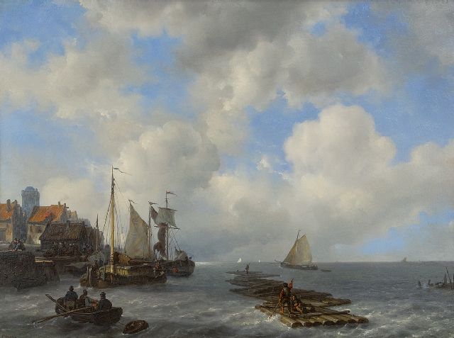 Meijer J.H.L.  | Moored sailingvessels by a quay, oil on panel 46.8 x 61.8 cm, signed l.l. and dated 1841