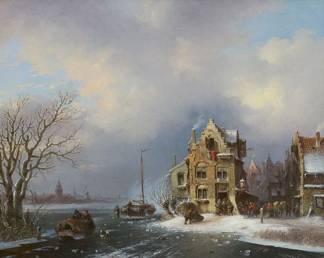 Jacobus van der Stok | A busy day in an town on a frozen river, oil on canvas, 40.8 x 50.6 cm, signed l.r. and dated '59