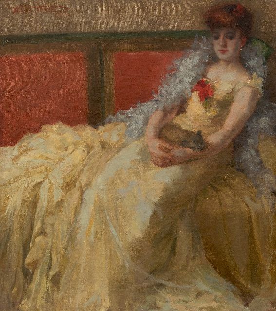 Henri Thomas | Woman in a ball gown with a dog on her lap, oil on canvas, 56.9 x 50.5 cm, signed u.l. and dated 1924
