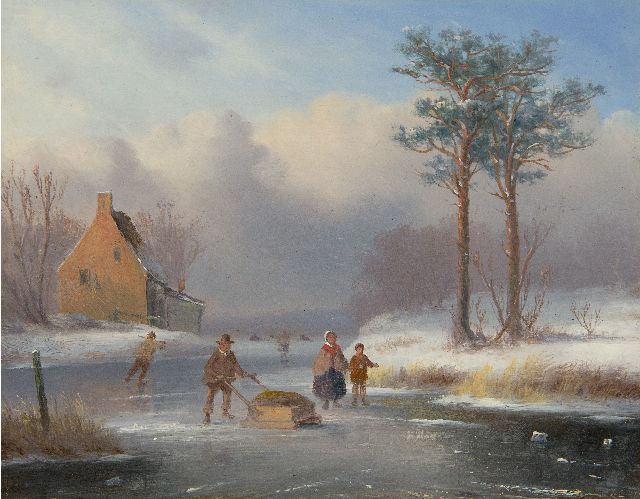 Ahrendts C.E.  | Frozen river landscape with skating figures, oil on panel 19.2 x 23.7 cm, signed l.r. indistinct