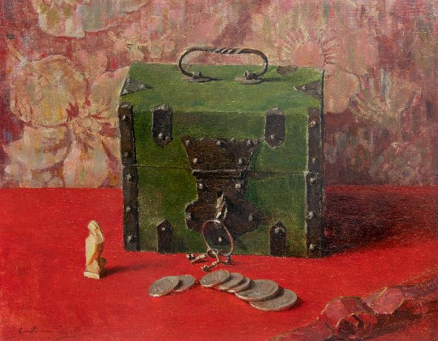 Lucie van Dam van Isselt | Still life with a green money box, oil on panel, 31.1 x 39.5 cm, signed l.l.