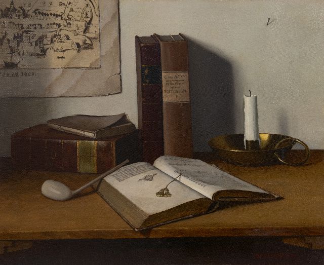 Adriaan Timmers | Still life with candle, pipe and books, oil on canvas, signed l.r. and dated 1935