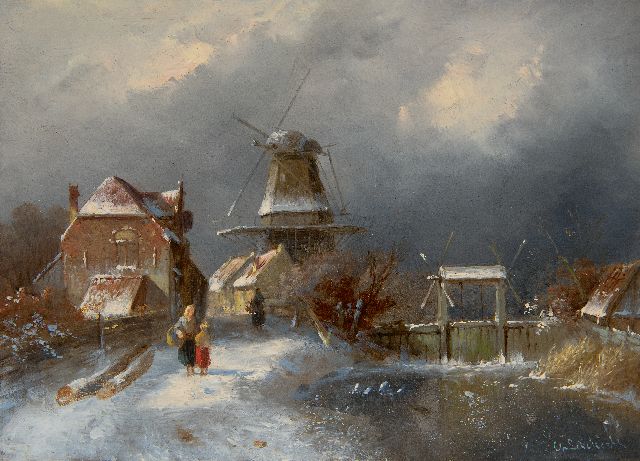 Leickert C.H.J.  | Winter landscape with figures at a lock, oil on panel 19.3 x 26.0 cm, signed l.r.