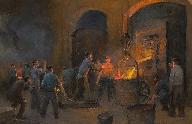 Heijenbrock J.C.H.  | In the iron foundry, pastel on paper 38.9 x 59.3 cm, signed l.l.