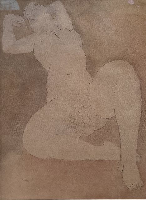 Toon Kelder | Reclining female nude, pen, ink, chalk and watercolour on paper, 33.7 x 25.2 cm, signed l.l.
