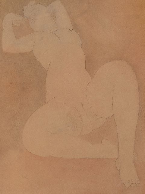 Kelder A.B.  | Reclining female nude, pen, ink, chalk and watercolour on paper 33.7 x 25.2 cm, signed l.l.