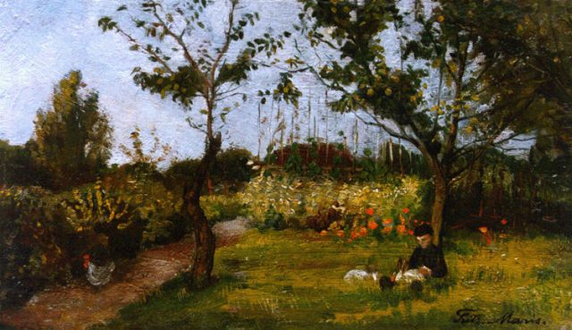 Frits Maris | A child with rabbits in a garden, oil on panel, 13.5 x 23.0 cm, signed l.r.