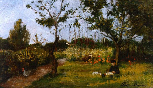 Maris F.J.J.  | A child with rabbits in a garden, oil on panel 13.5 x 23.0 cm, signed l.r.