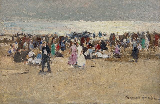 German Grobe | Colourful gathering on the beach of Katwijk, oil on panel, 23.9 x 36.0 cm, signed l.r.