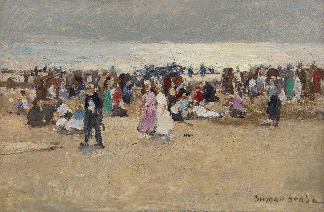 Grobe P.G.  | Colourful gathering on the beach of Katwijk, oil on panel 23.9 x 36.0 cm, signed l.r.