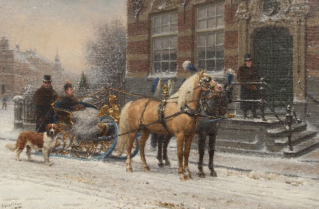 Eerelman O.  | Horse-drawn sleigh in a town, oil on canvas 60.3 x 90.3 cm, signed l.l.