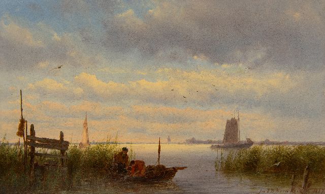 Koekkoek J.H.B.  | A river view with two fishermen bringing in their nets, oil on panel 20.2 x 33.5 cm, signed l.r. and dated 1876