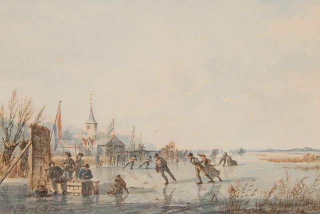 Hendrik Gerrit ten Cate | Gathering at a skating competition, ink and watercolour on paper, 19.4 x 27.7 cm, signed l.l. and dated 1832