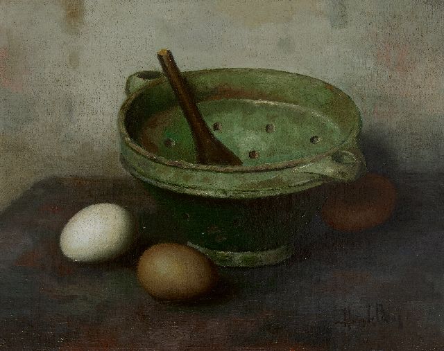 Henk Bos | Still life with colander and eggs, oil on canvas laid down on panel, 24.5 x 30.4 cm, signed l.r.
