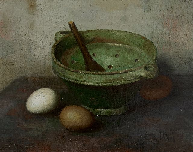 Bos H.  | Still life with colander and eggs, oil on canvas laid down on panel 24.5 x 30.4 cm, signed l.r.