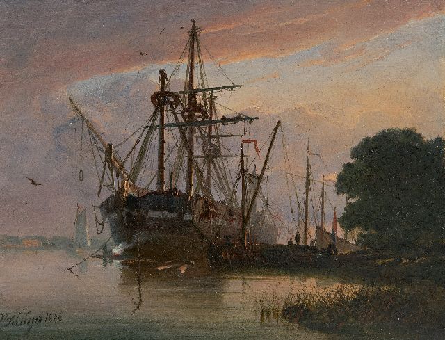 Petrus Paulus Schiedges | Moored three-master at sunset, oil on panel, 16.2 x 20.9 cm, signed l.l. and dated 1846
