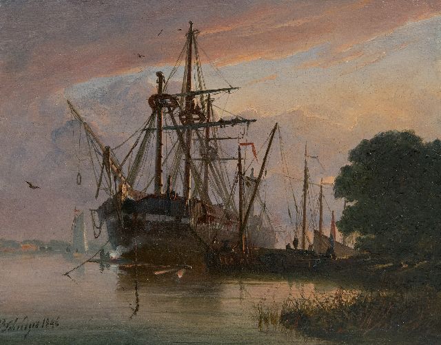 Schiedges P.P.  | Moored three-master at sunset, oil on panel 16.2 x 20.9 cm, signed l.l. and dated 1846