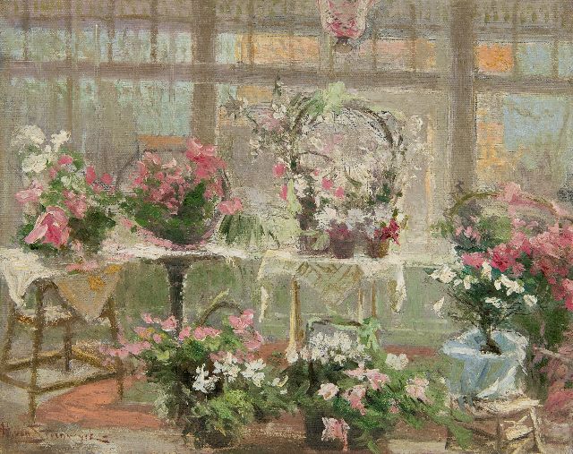 Steenwijk H. van | Conservatory, oil on canvas laid down on panel 29.9 x 36.8 cm, signed l.l.